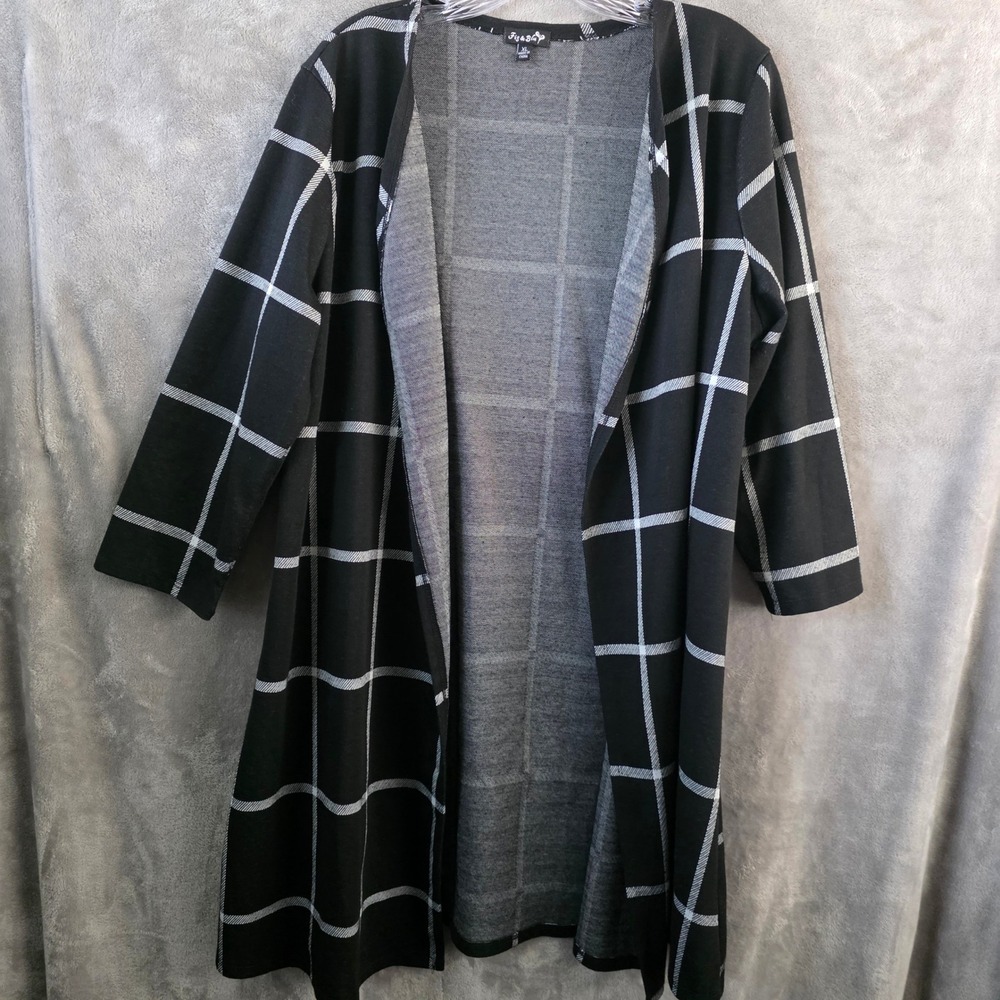 Fig & Blu Womens XL Black White Windowpane Plaid Open Front Longline Cardigan